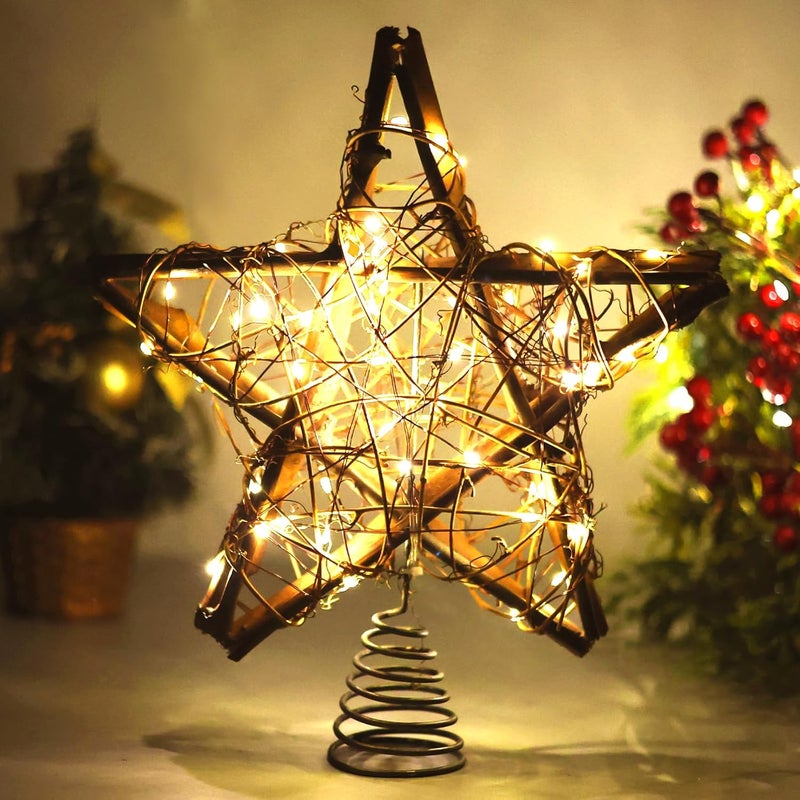 Joytry Christmas Tree Topper Star,Rattan Christmas Tree Topper with 50 LED Light,10 Inch Warm White Light Rustic Star for Christmas Tree Decoration Holiday Farmhouse Decor Battery & USB Powered - Image 1